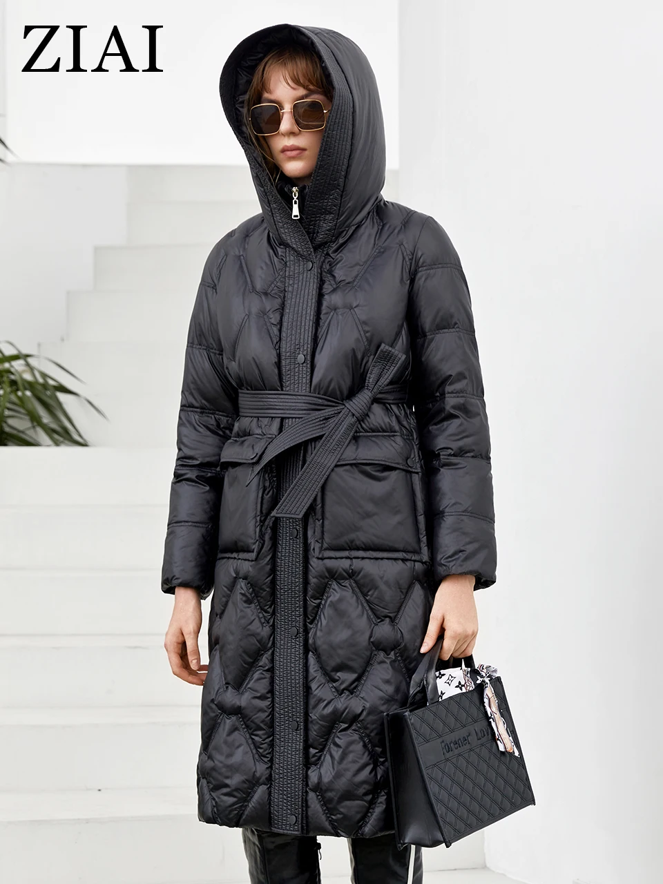 Ziai jaqueta de inverno feminino 2022 longo preto design clássico zíper breasted cinto bolso grande moda feminina parkas ZR-20176