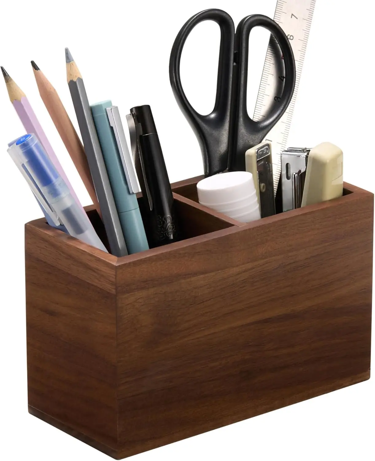 

Держатель для карандашей из орехового дерева (с двумя отделениями) – деревянная подставка для ручек на стол
