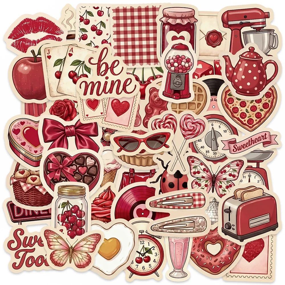 

50PCS Vintage Red Art Cartoon Stickers Valentine's Day Gift Decals DIY Suitcase Phone Water Bottle Cute Graffiti Sticker