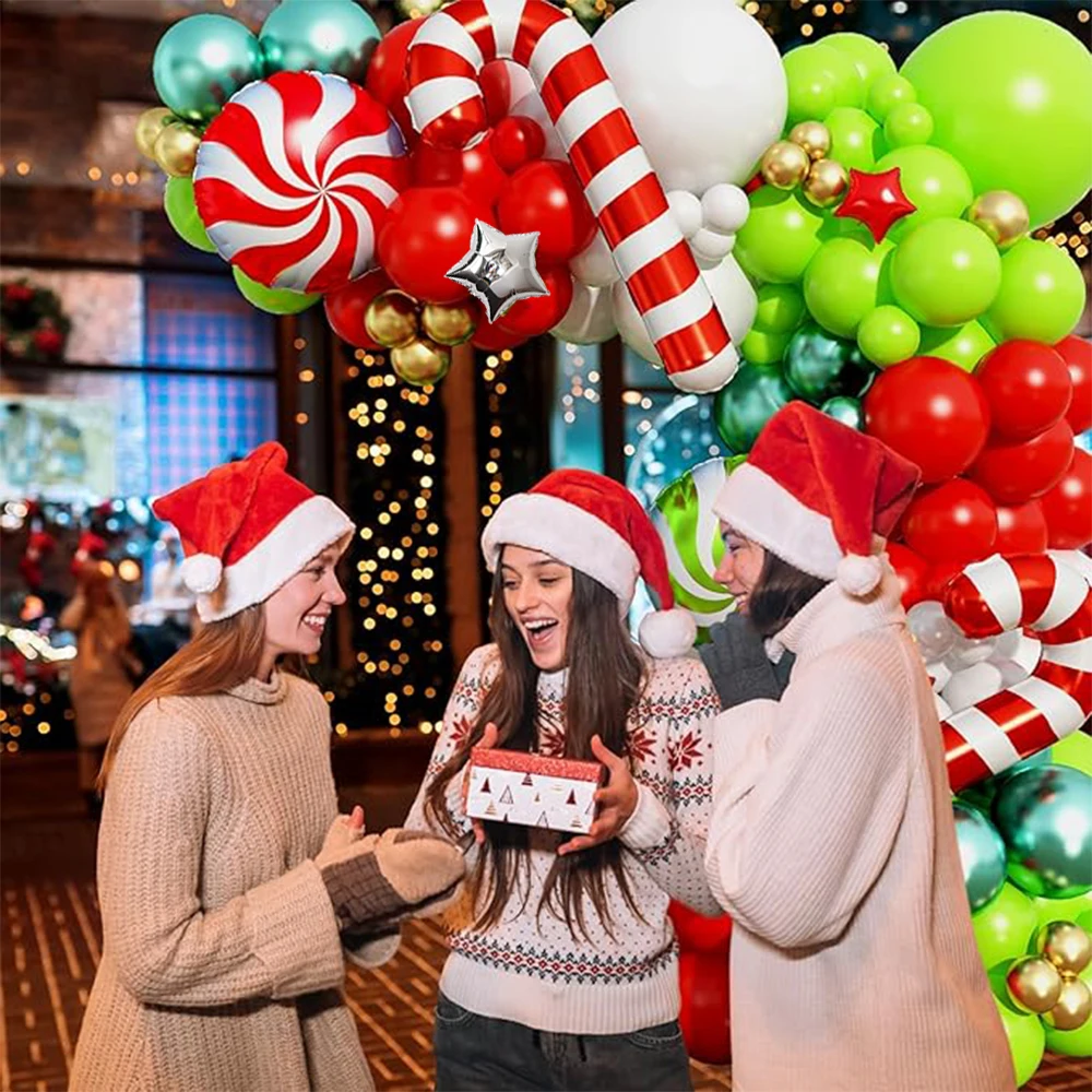83 قطعة قوس بالونات عيد الميلاد، بالونات من اللاتكس باللون الأحمر والأخضر والذهبي والأبيض مع حلوى حمراء وفضية ونجمة حمراء وحفلات عيد الميلاد #6