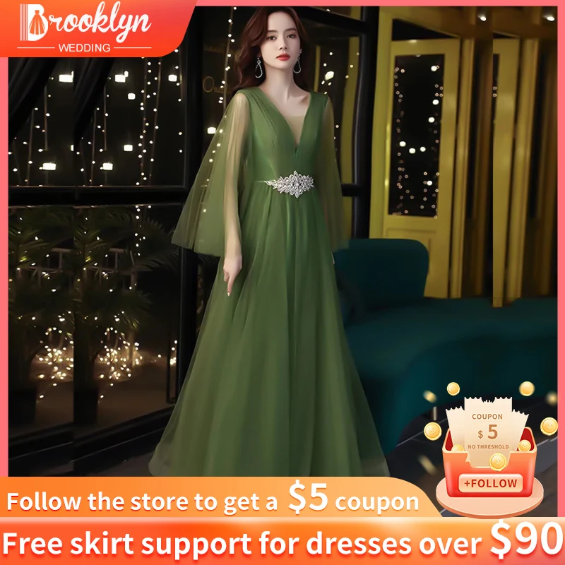 

Green Prom Dresses Gala Sexy Deep V-Neck A-Line Crystal Beading Waist New Evening Party Gown Dress Sheer Long Sleeve