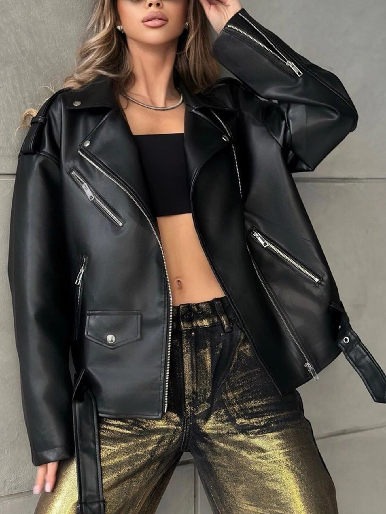 Women Faux Leather Jacket Lapel Collar Motorcycle Zip Up Long Sleeve Motor Biker Short Coat Jacket