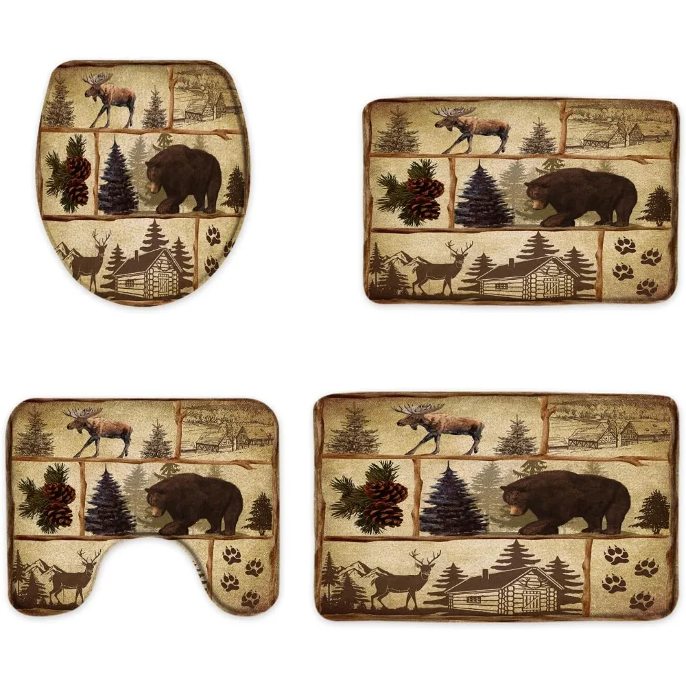مجموعة سجادة حمام على طراز المقصورة الريفية مع موضوع الدب والموس والغابات، تصميم خشبي عتيق للصيد والتخييم، 17.8 × 29.5 بوصة #2