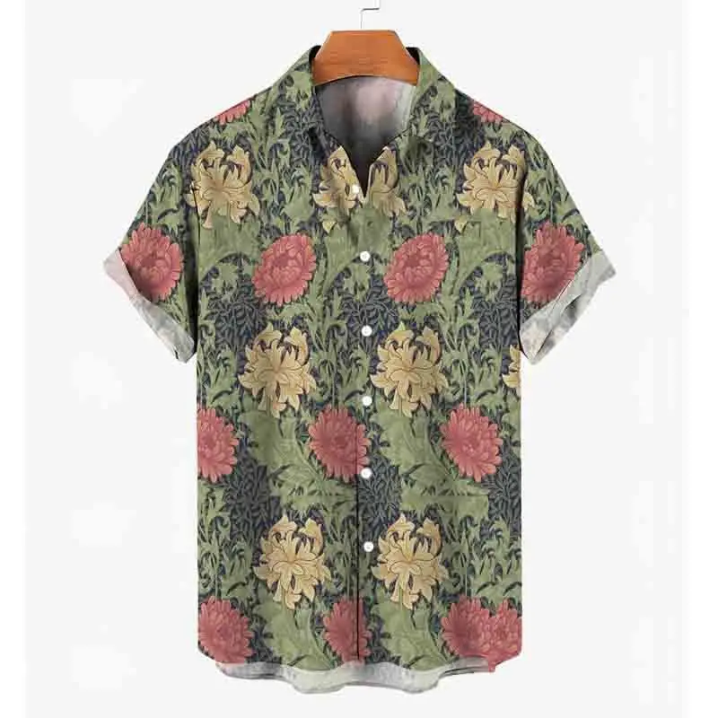 2026 Summer New Men's Floral Top Digital Print Loose Men's Casual Versatile Collar Shirt