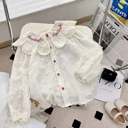 Chemise à col en dentelle pour enfants, broderie fragmentée, manches longues, haut décontracté pour bébé, mode fille, printemps, été, nouveau