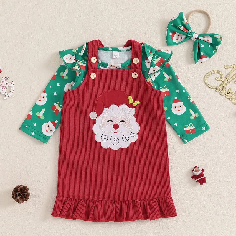 RUEWEY 0 to 18 Months Christmas Baby Girl Dress Sets Santa/Gingerbread Man Print Long Sleeve Romper Overalls Dress Headband