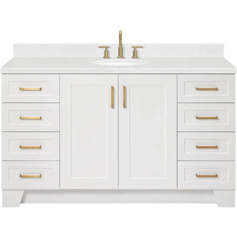 60 inch white bathroom vanity, 1.5-inch edge karaoke quartz countertop, oval sink, 2 soft closing doors,9 fully extended drawers