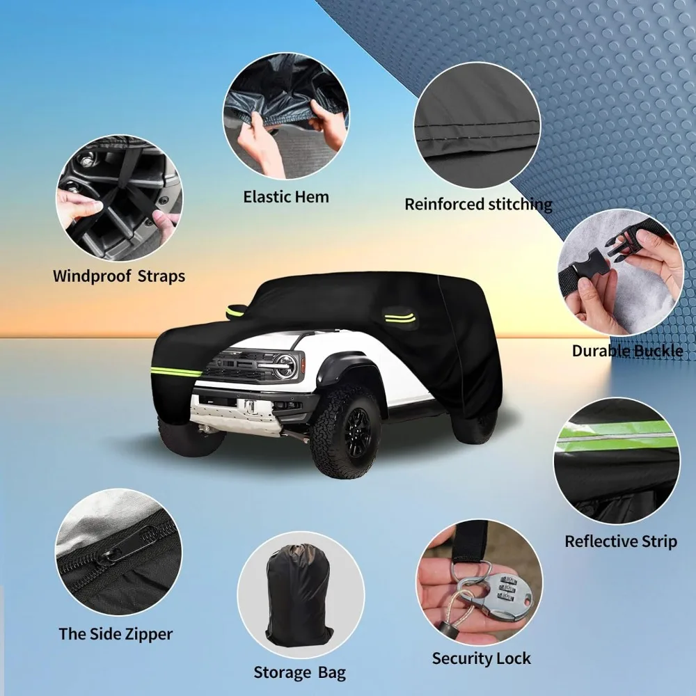 

Водонепроницаемый автомобильный чехол для Ford Bronco 2021-2024 годов, двухдверный, всепогодная защита с молнией и светоотражающими полосками