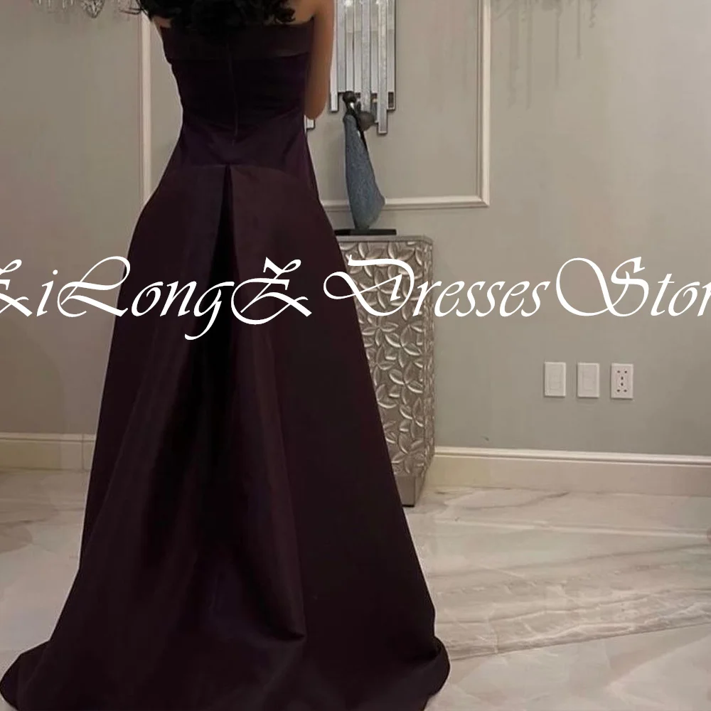 Customized Formal A-Line Satin Evening Dress Strapless Floor Length Sleeveless Sweep Train Zipper Back Special Occasion Gowns