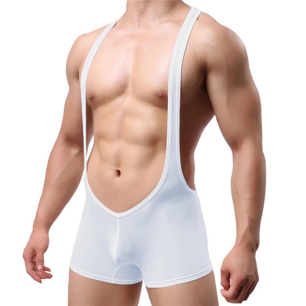 Elastic Mens Undershirts Smooth Bodysuit One-Piece Jumpsuit Wrestling Singlet Leotard Pajamas Penis Pouch Boxer Shorts Underwear