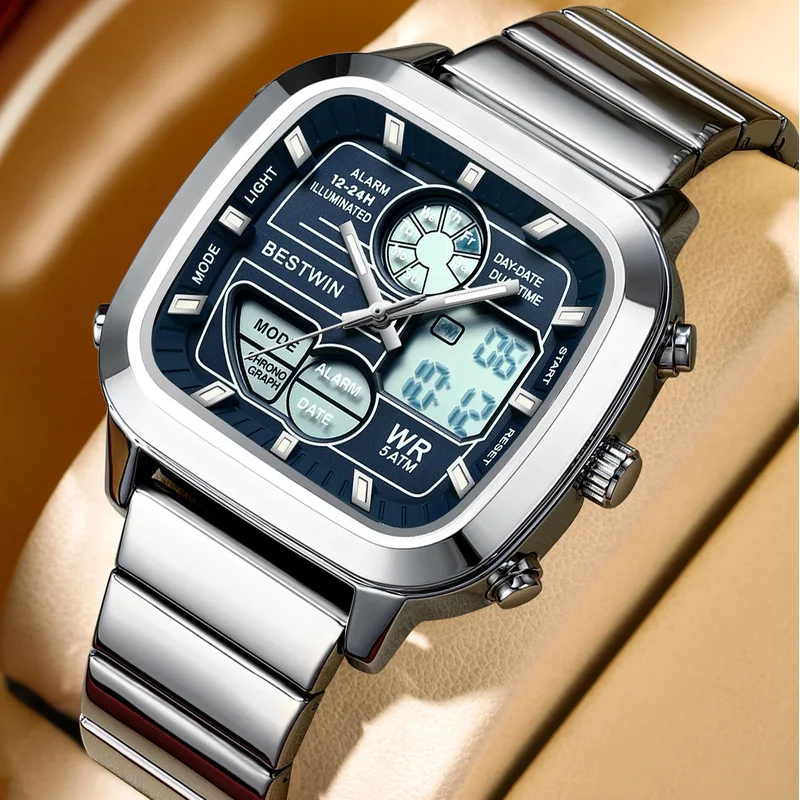 Men's Fashion Multifunctional Electronic Watch Steel Strap Dual Display Waterproof Outdoor Sports Male Wristwatch For Daily Wear