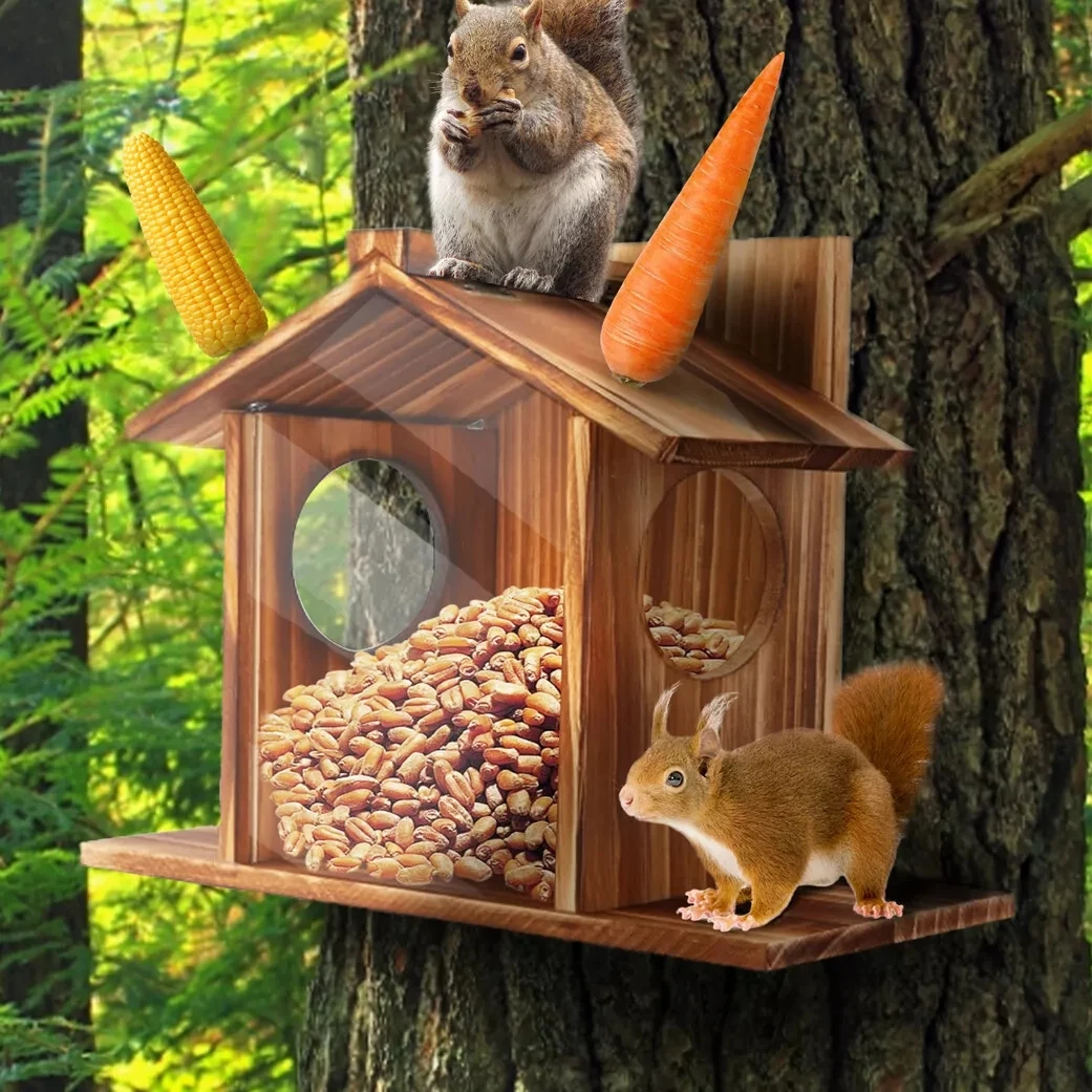 Bingopaw Wood Squirrel Feeder Outside Winter Wooden Chipmunk Feeder Corn Peanuts