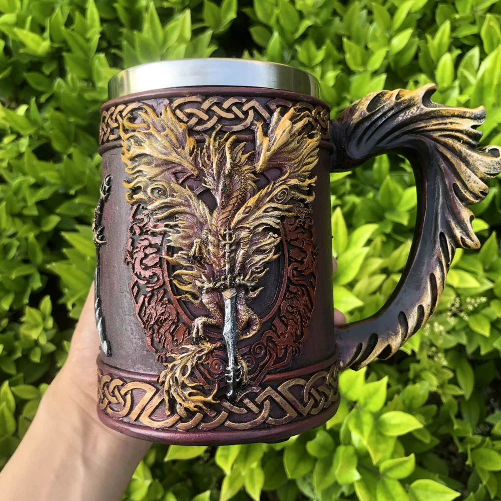 Medieval Dragon Smaug With Sword Nordic Style Vikings Beer Mug Resin Stainless Steel Retro Gothic Tankard Coffee Cup Party Gift