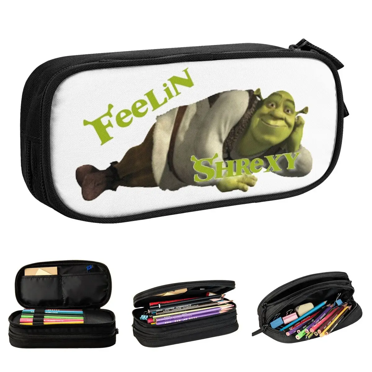 Feelin Shrexy Meme Pencil Case Double Layer Large Capacity For School Humor Shreks Pencil Bag Perfect Gifts