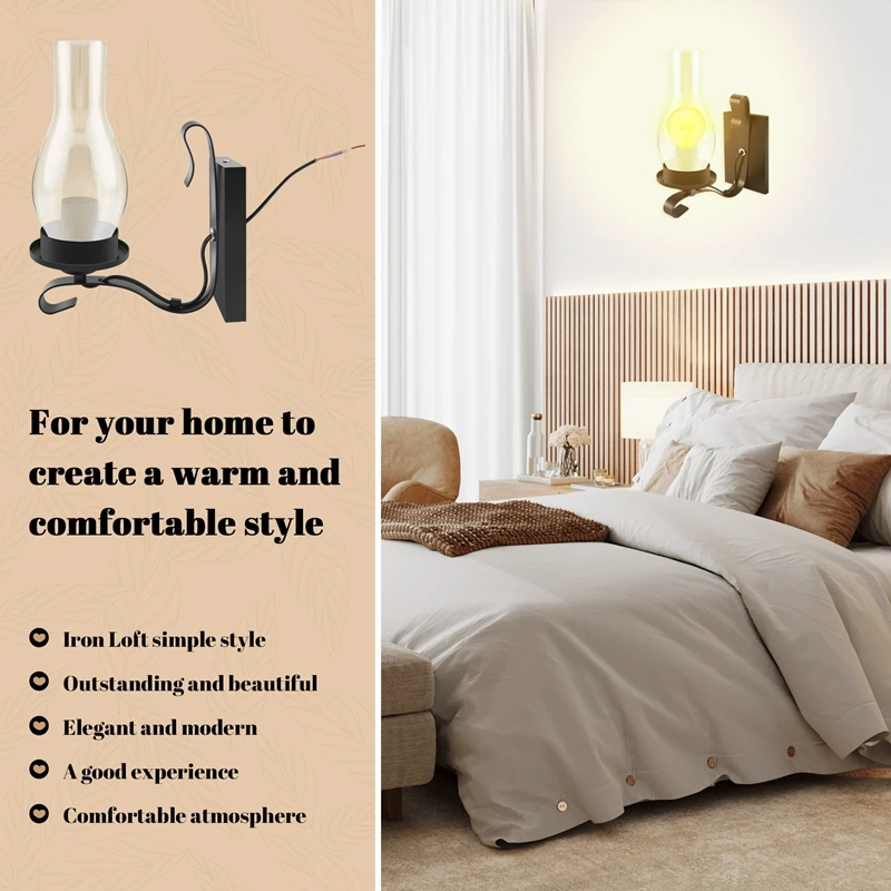 Nuova lampada da parete rustica Vintage In vetro e lampada decorativa con luce d'atmosfera per camera da letto (non contiene lampadine)