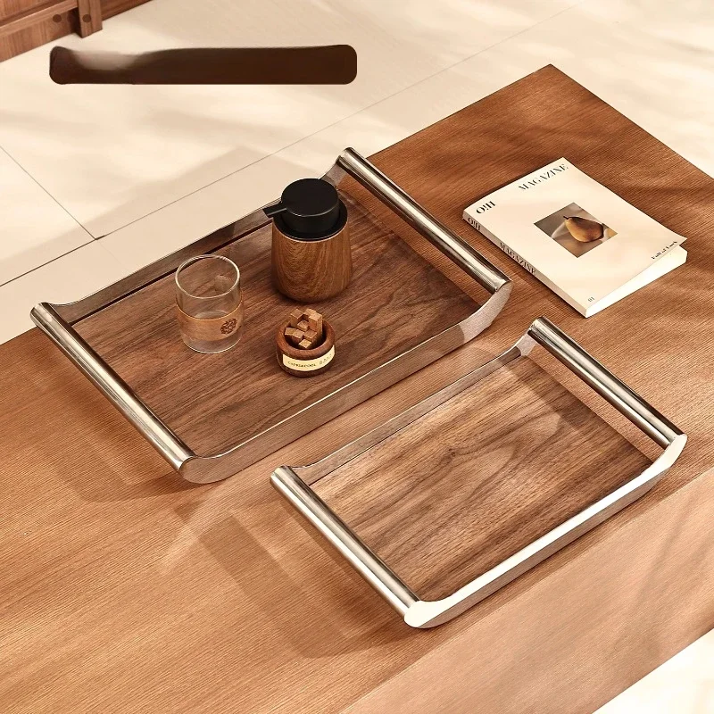 Walnut Wood Tray, Stainless Steel Rectangular Aromatherapy Display Board, Desktop Decoration, Home Storage Tea Tray, Pastry Tray