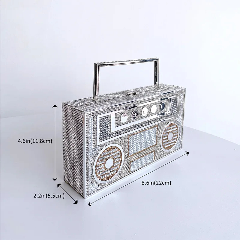 2024 Luxury Designer Full Diamond Evening Clutch Bag Ladies 3D Rhinestone Radio Handbag Fashion Party Shiny Crystal Shoulder Bag