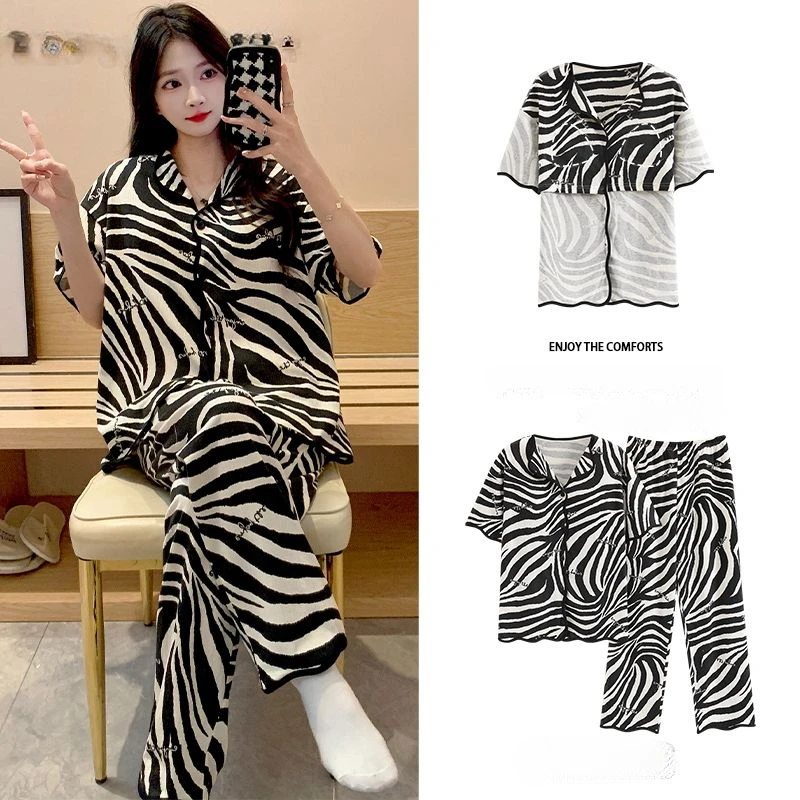 Pajamas Women's Zebra-stripe Short Sleeve Trousers Loose Large Size Streak Summer Loungewear Set Can Be Worn Outside Refreshing