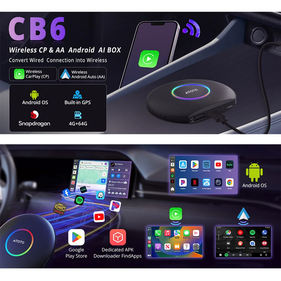 ATOTO CB6A Car AI TV Box Ring Kit Smart Android System 4G+64G Wireless Apple Carplay Screen Android Auto Car Radio Stereo Play