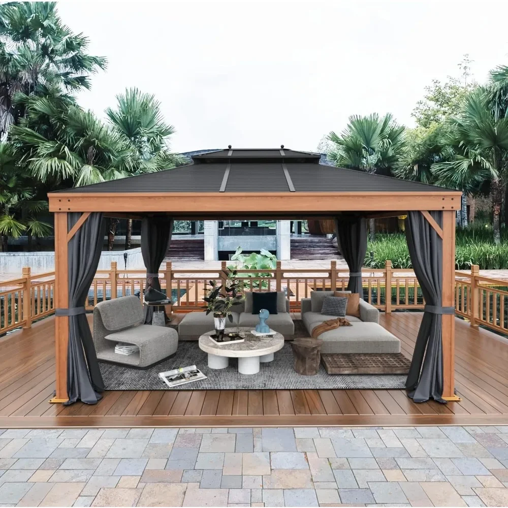 

12' x 14' Outdoor Gazebo, Faux Wood Grain Metal Gazebo, Galvanized Steel Double Roof, with Netting and Curtains, Outdoor Gazebo