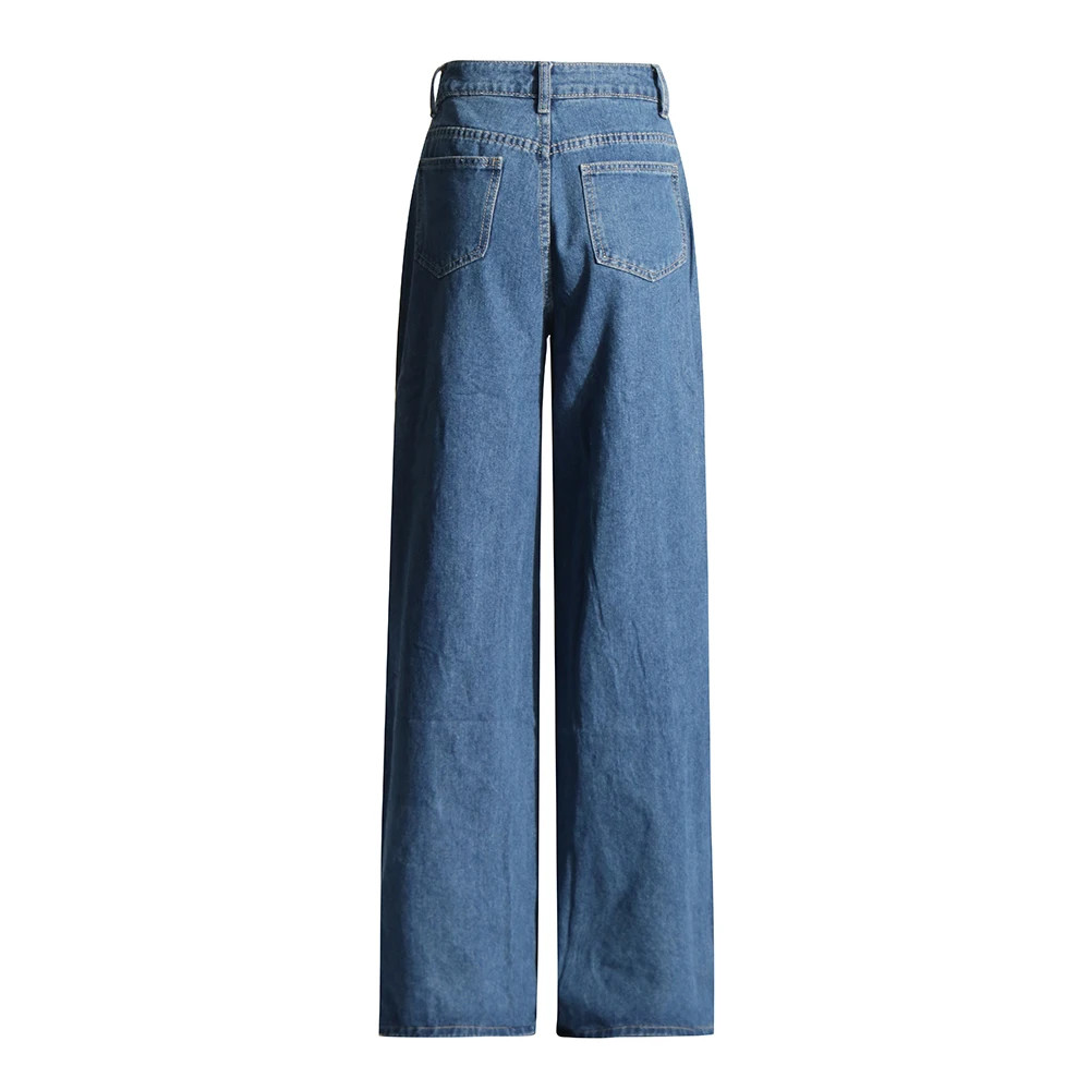 TWOTWINSTYLE Holle Denim Broek Voor Vrouwen Hoge Taille Streetwear Designer Losse Wijde Pijpen Gesplitste Knop Jeans Vrouwelijke Stijl