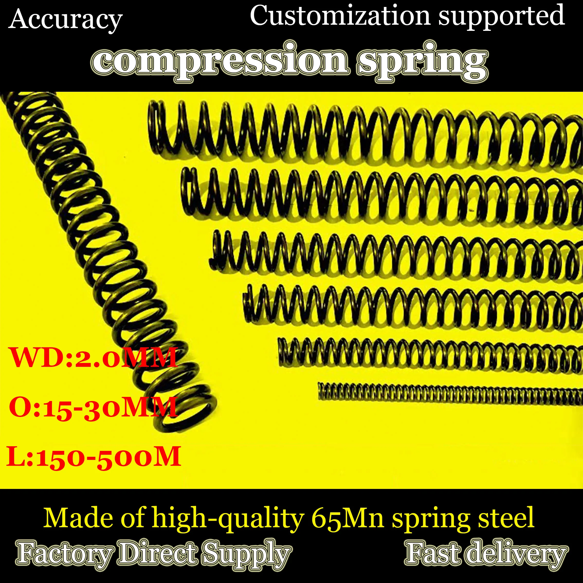 Wire Diameter 2.0mm 65Mn Sprng Steel Long Compress Pressure Spring Y-type Rotor Buffer Return Cylidrical Coil Length 150-500mm