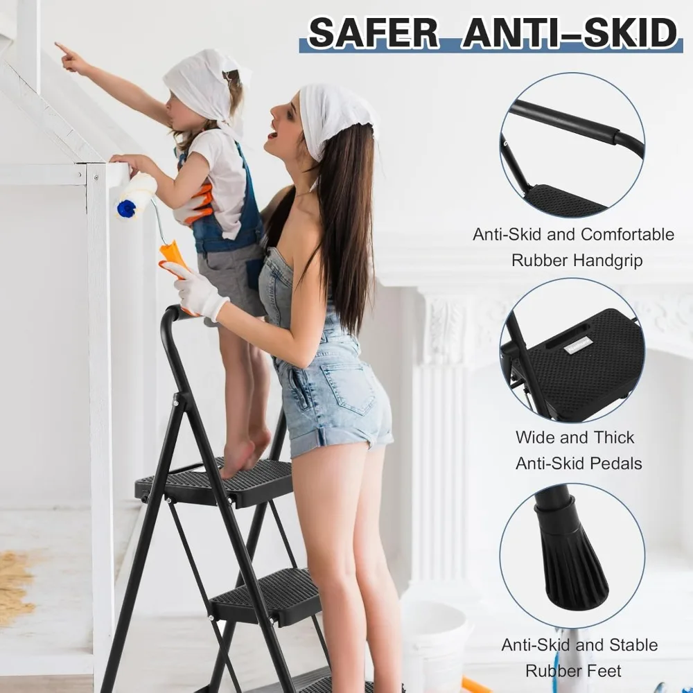 "verstelbare 3-staps vouwladder voor keuken, capaciteit van 300 lbs, brede antislipstappen"
