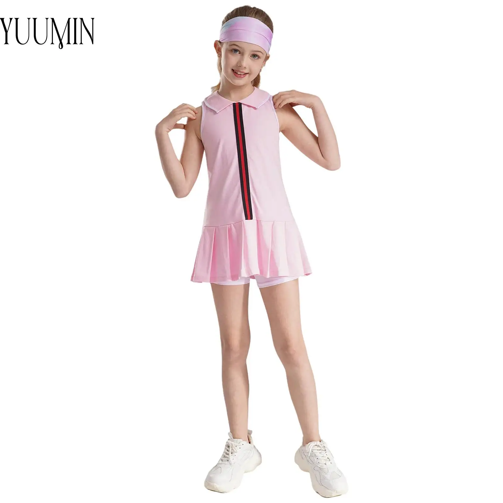 

Toddler Girls Athletic Tennis Dress Jumpsuit Sleeveless Golf Pleated Gym Dresses with Shorts for Sports Badminton Cheerleading