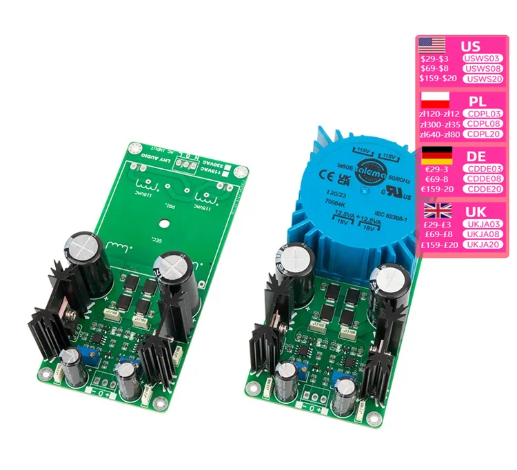 

Positive and negative voltage stabilized DC power board with linear adjustable noise reduction and OP+MOS field transistor Kit