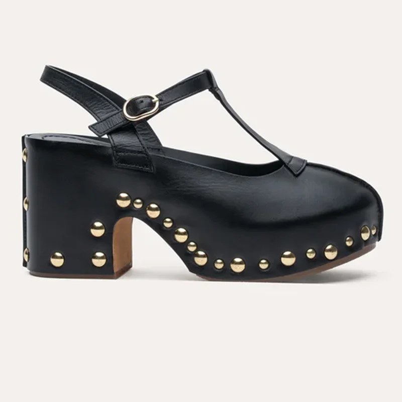 Metal Rivet Patchwork Sandals Sexy Round Toe Square Heel Shingback Bucle Belt Customized New Arrivals Fashion Women Modern Shoes