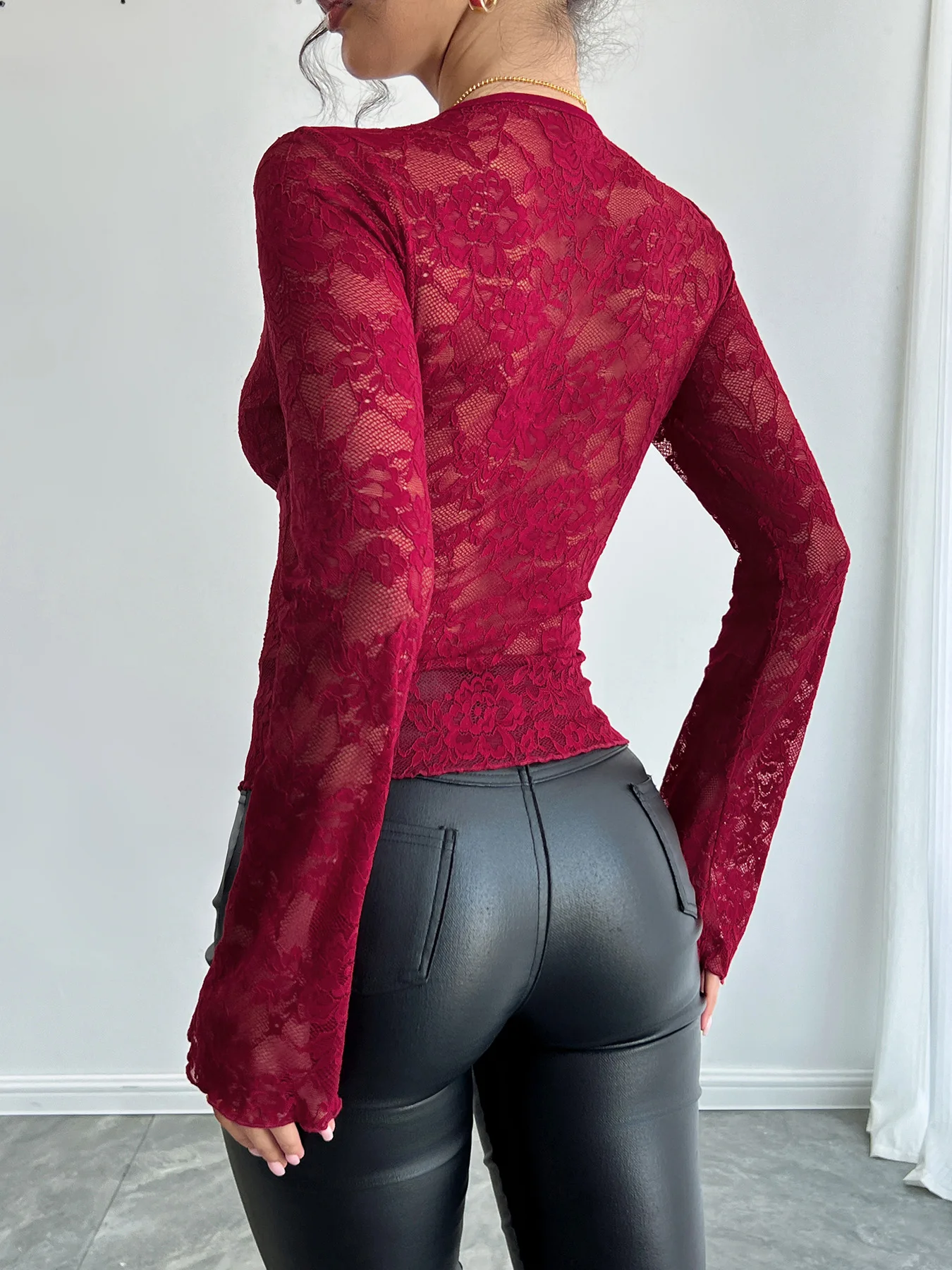 Hot Sexy Semi-Transparent Deep V Neck Lace Shirts For Women Elegant Ladies Slim Fit Long Sleeve Solid T Shirts Bottom Tee WY0019