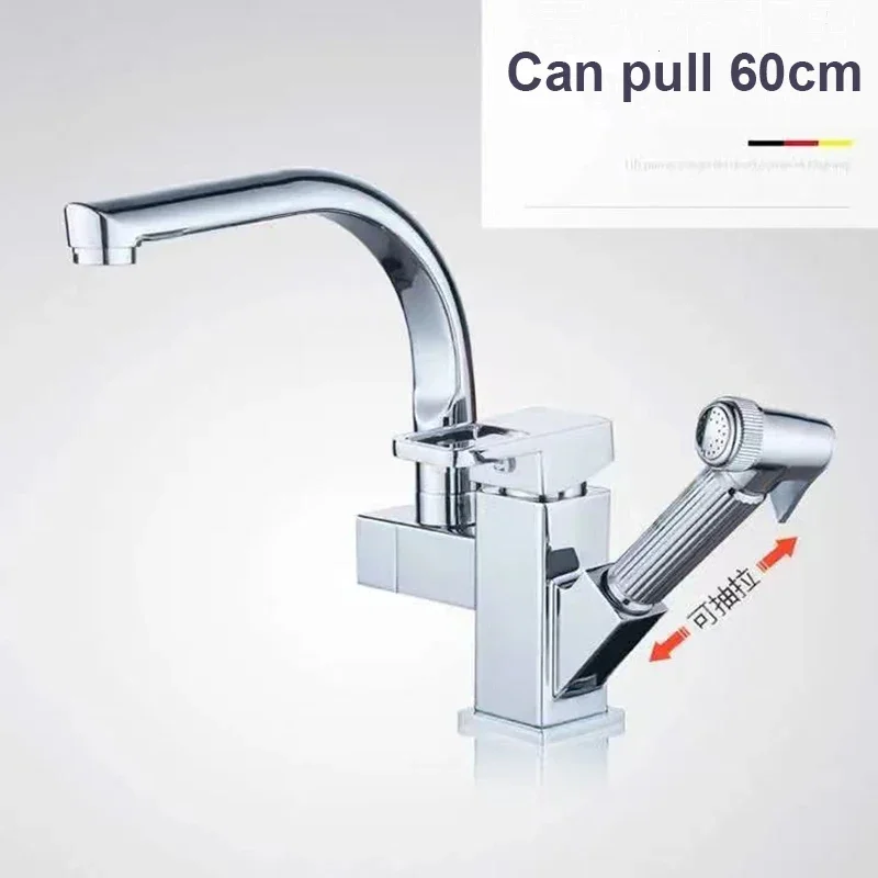 

Chrome Kitchen Sink Faucet Pull Out Washbasin Faucet With Spray Gun Hot Cold Wate Mixer Tap Deck Mounted Bathroom Accessories