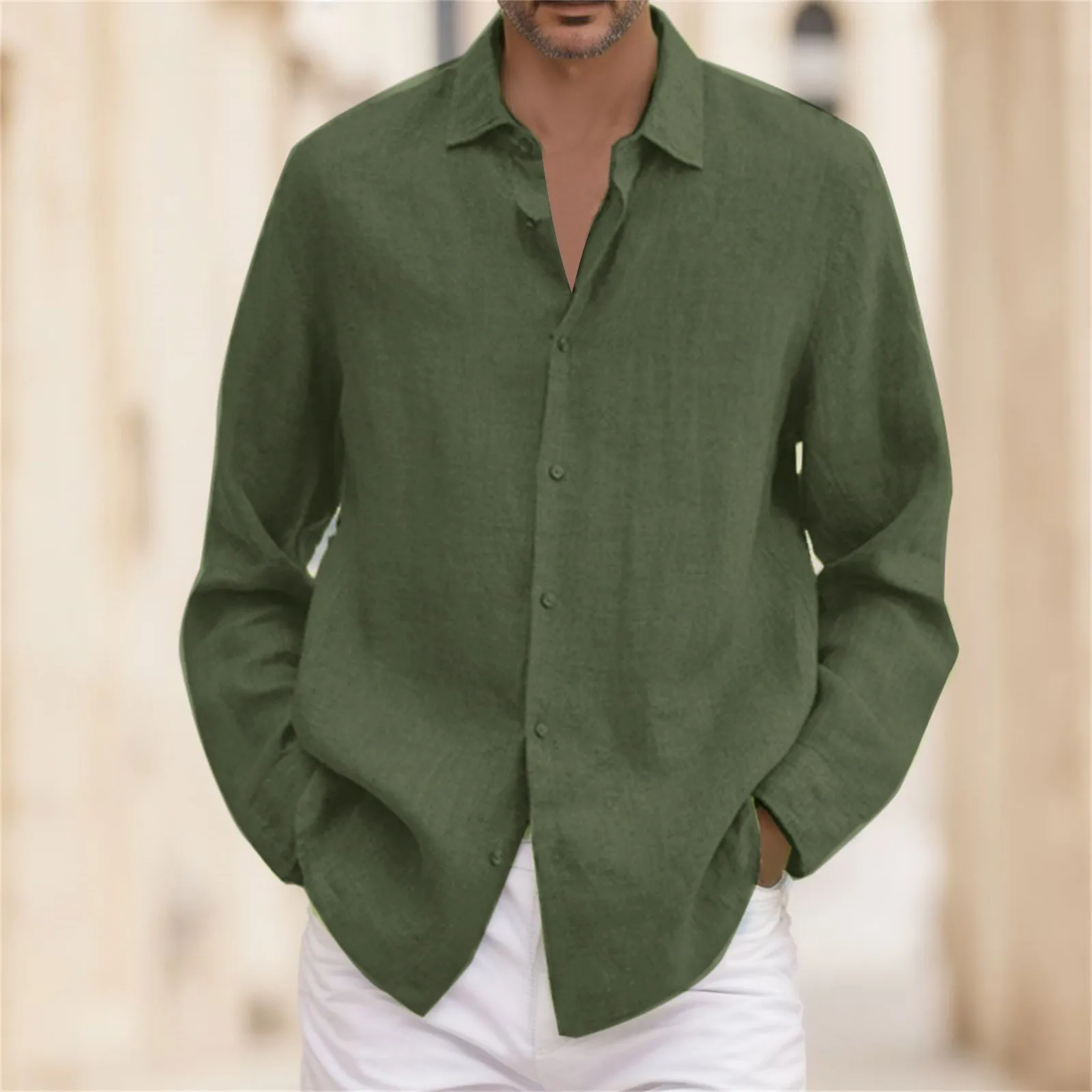 Spring Men Causal Linen Shirts Fashion Business Office Loose Lapel Long Sleeve Tops Beach Vintage Solid Color Button Clothing