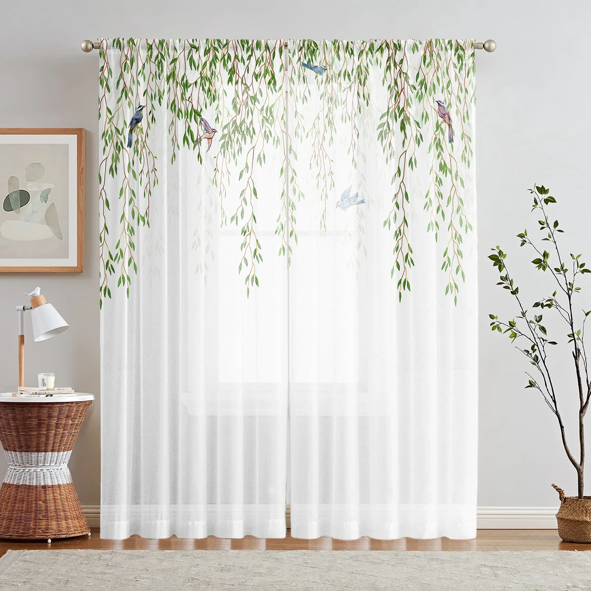 

2 Pieces HD Digital Small Fresh Green Weeping Willow Print Curtains Home Decorating Style Decorating Living Room Bedroom Rodding