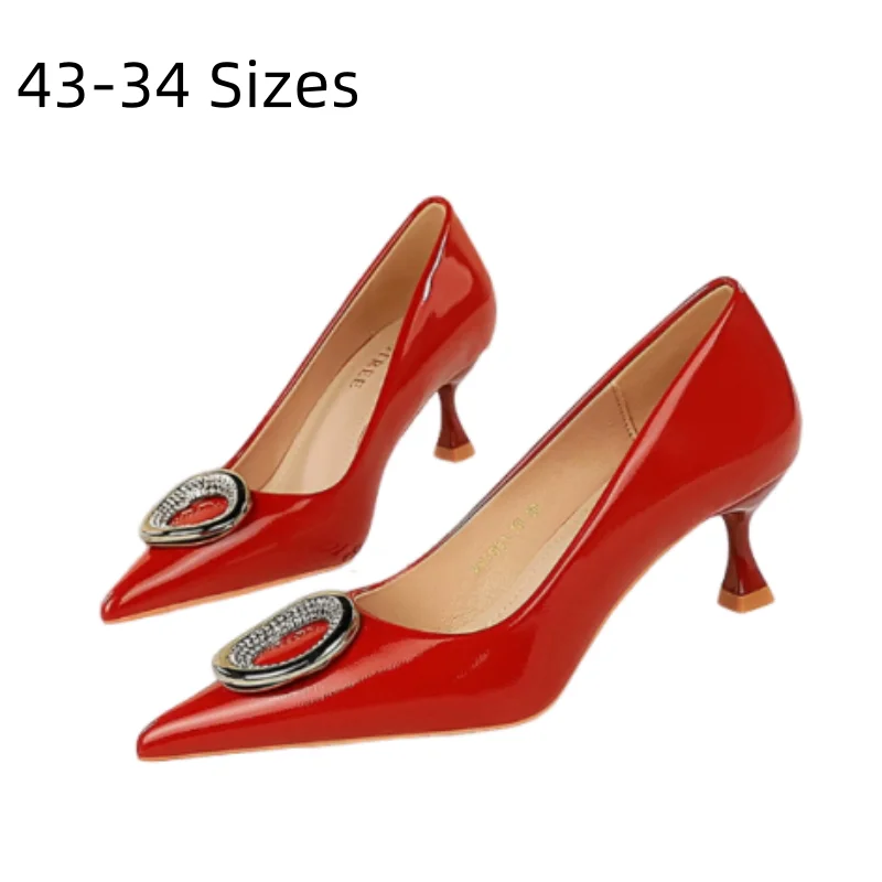

Women Shiny Leather Null Pumps Crystal Buckle Kitten Heels 6cm Pointy Tip Red Shoes 34-43 22cm Sexy Chaussures For Wedding Party