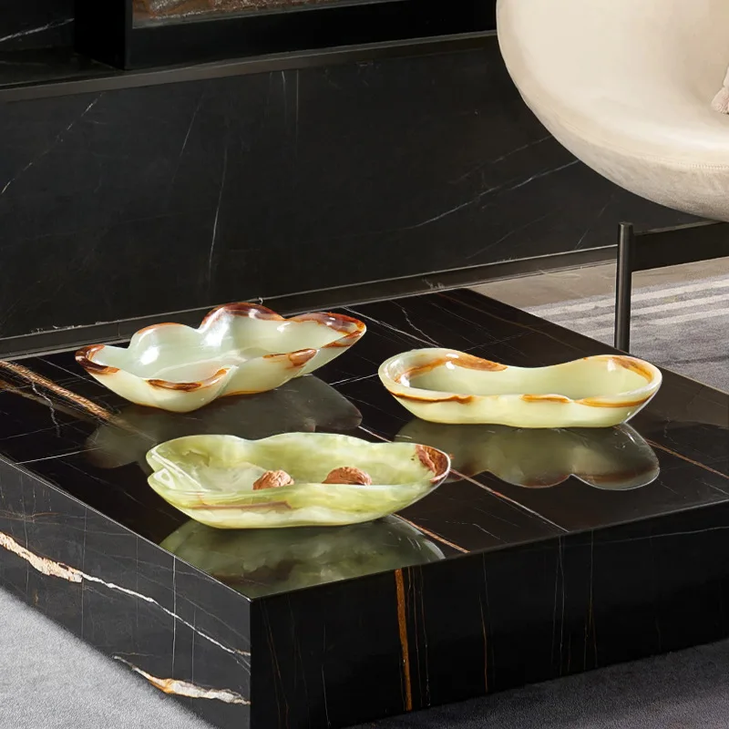 Light luxury natural jade hand-carved fruit plate, living room coffee table tray decoration, sales office soft handicraft