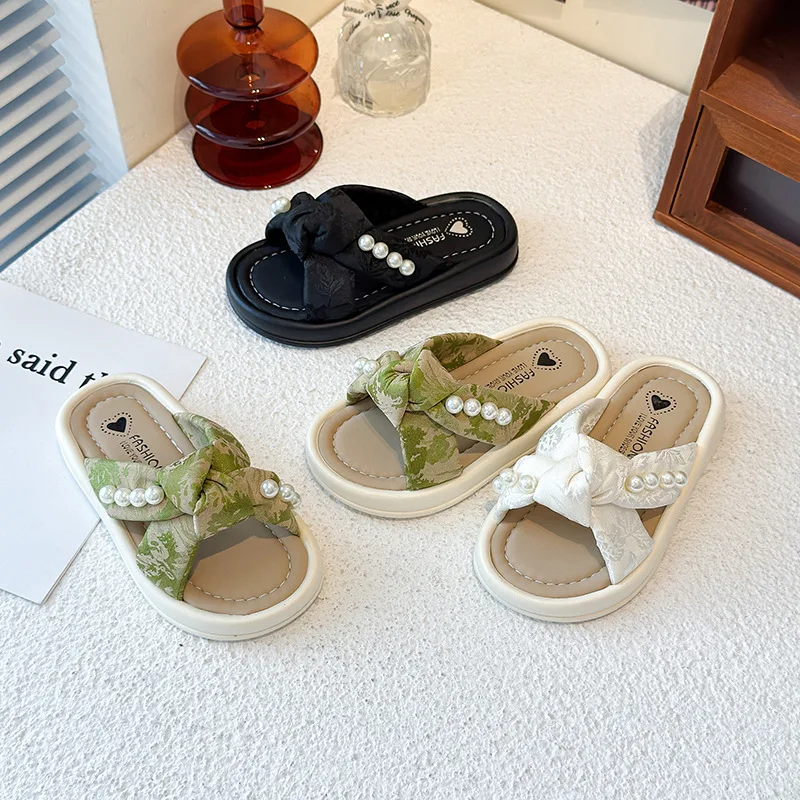 Summer Girls Pearl Platform Flip-flops Kids Soft Anti-slip Beach Shoe Children Casual Furry One-strap Sandal Home Casual Slipper