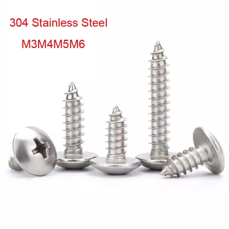 304 Stainless Steel Large Flat Round Head Phillips Self-tapping Truss Screws Mushroom Tapping Screws M3 M4 M5 M6 Length 6-75mm