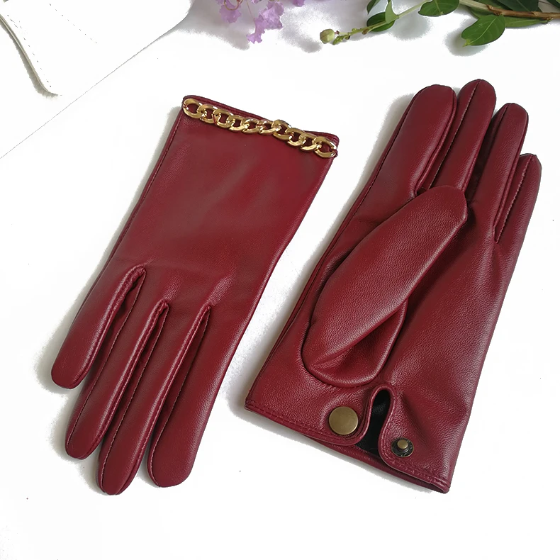 Women's Genuine Leather Gloves Winter Warm Sheepskin Touch Screen Gloves Black Fashion Chain Mittens New Arrival