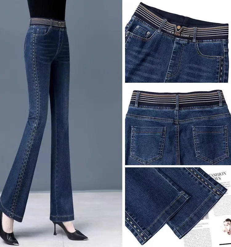 

Fashionable High Waist Fleece Lined Slimming Bell Bottom Jeans Women's Elastic Straight Leg Denim Pants Autumn New Arrival