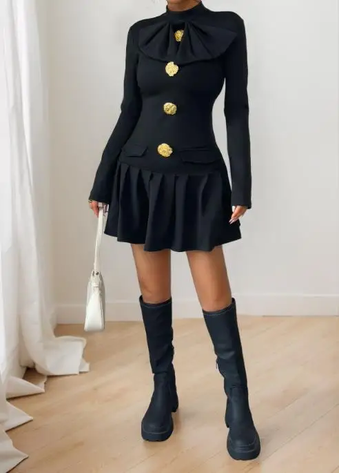 

Commuter Dress French Elegant Women's Dress Sweet Style Bow Button Decor Half High Neck Long Sleeved Flower Bud Mini Short Dress