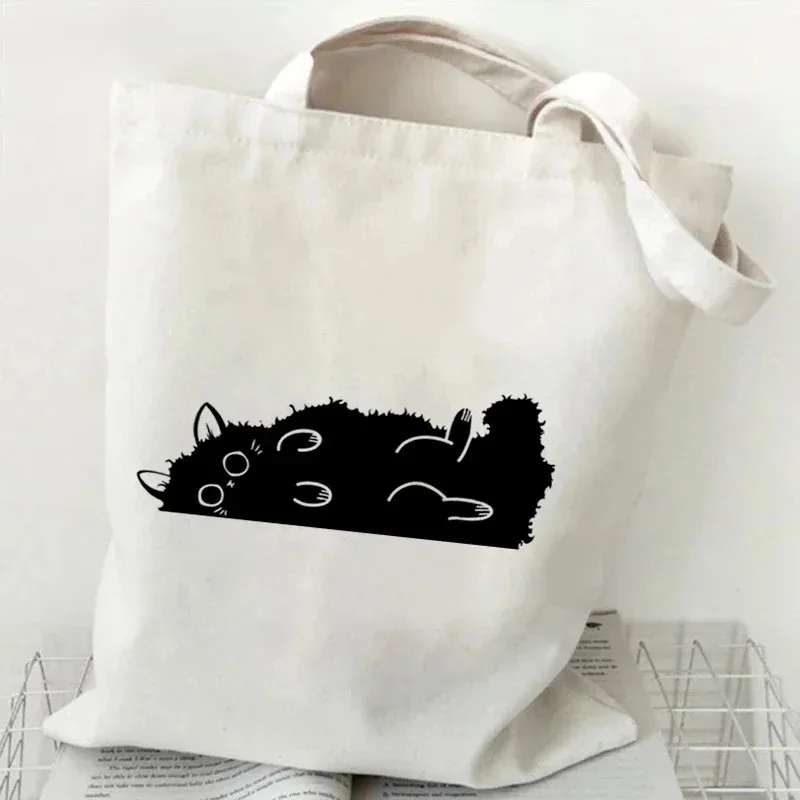 Kawaii preto gato gráfico bolsas para mulheres estilo japonês lona sacola dos desenhos animados moda bolsa de ombro para mulheres gatinho saco