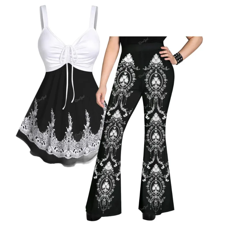 Gothic Costumes Outfits For Women Cinched Tank Top Or Flower Branch Tassel Printed Flare Pants, XS-3X Matching Set By Yourself