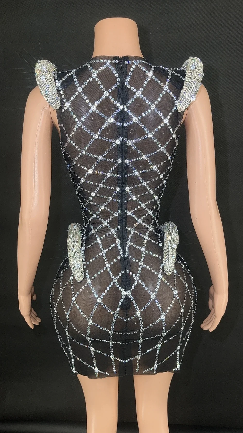 Sparkly Silver Rhinestones Mesh Sleeveless Short Dress Women Celebrate Evening Birthday Singer Stage Wear Sexy Costume