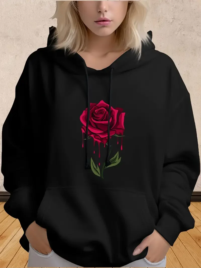 

Cozy Plus Size Hooded Vintage Rose Sweatshirt Kangaroo Pockets Long Sleeve Casual Tops For Unisex 550gsm K Pop Demon Hunter