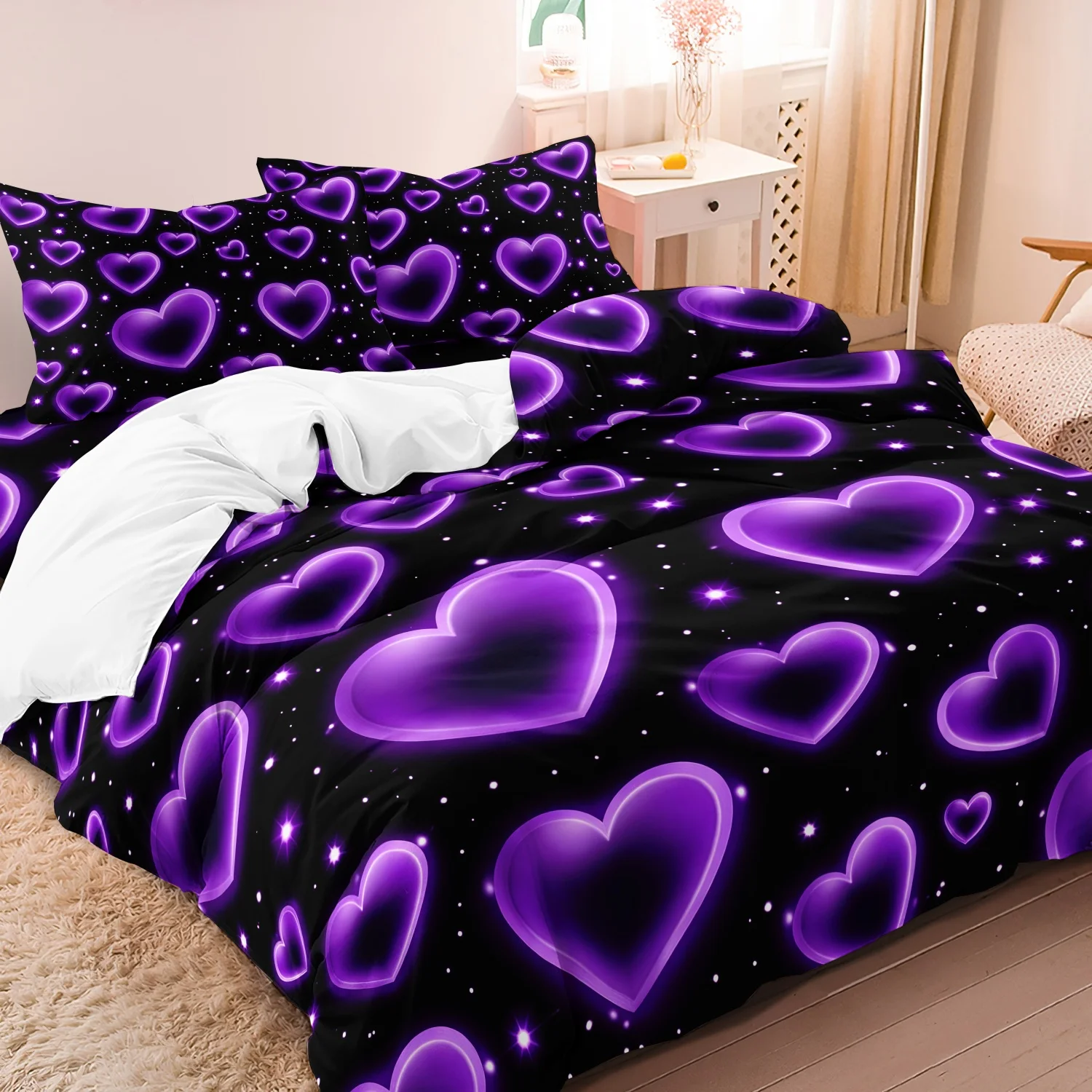 3pcs Romantic Couple Purple Hearts On Black Print Background Bedding Duvet Cover Romantic Dreamy Atmosphere,Home And Dorm Use