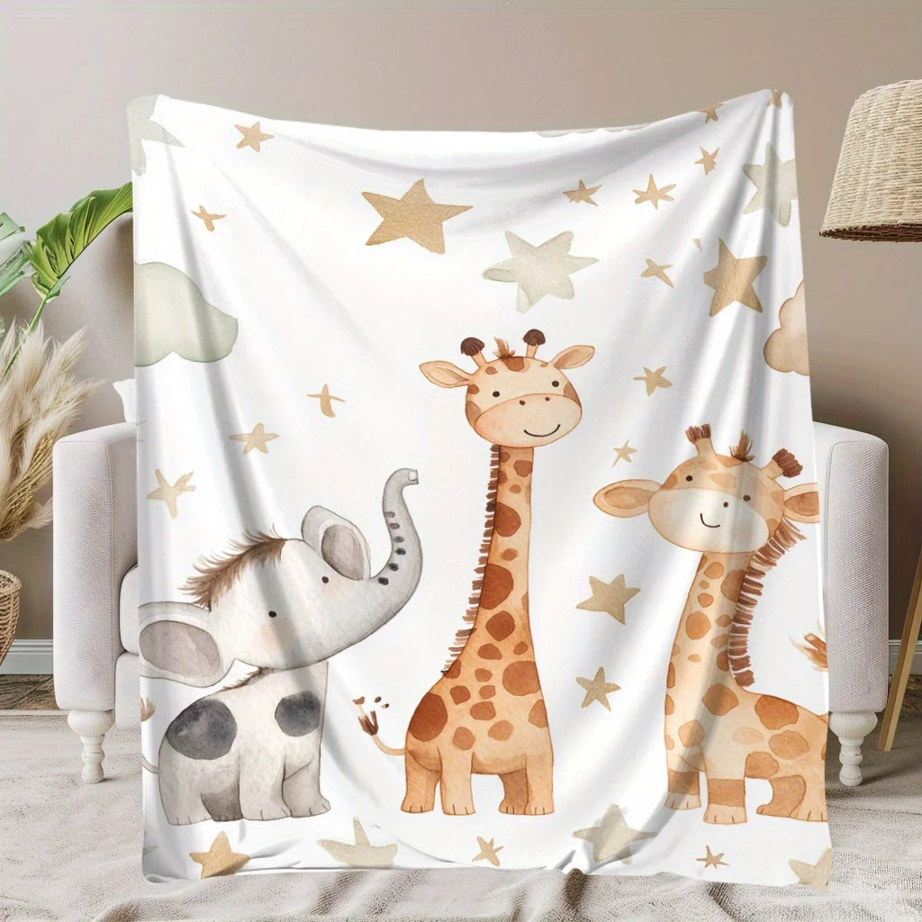 Soft flannel blanket with elephant giraffes and stars for camping at home and comfortable feeling