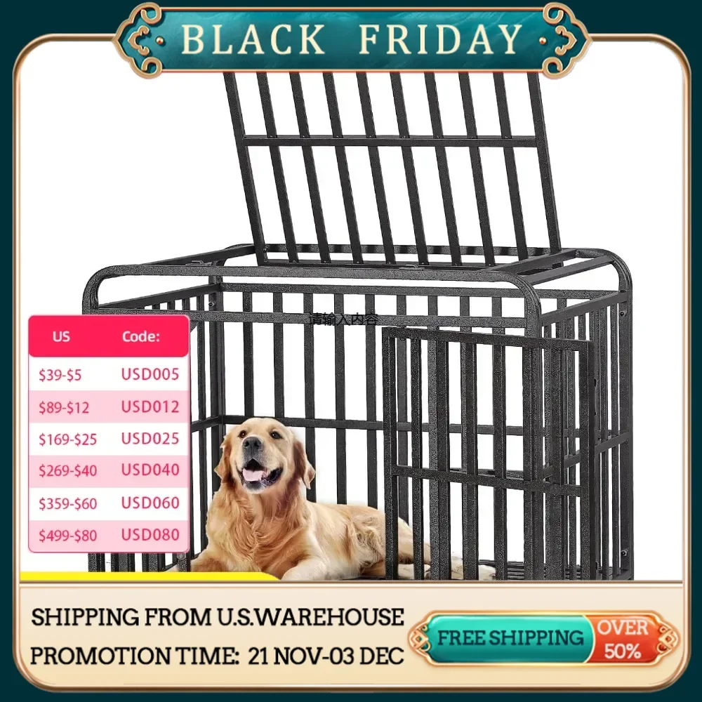 Heavy duty dog cage steel dog cage, escape proof double door kennel with 360° lockable wheels, dome design, removable tray