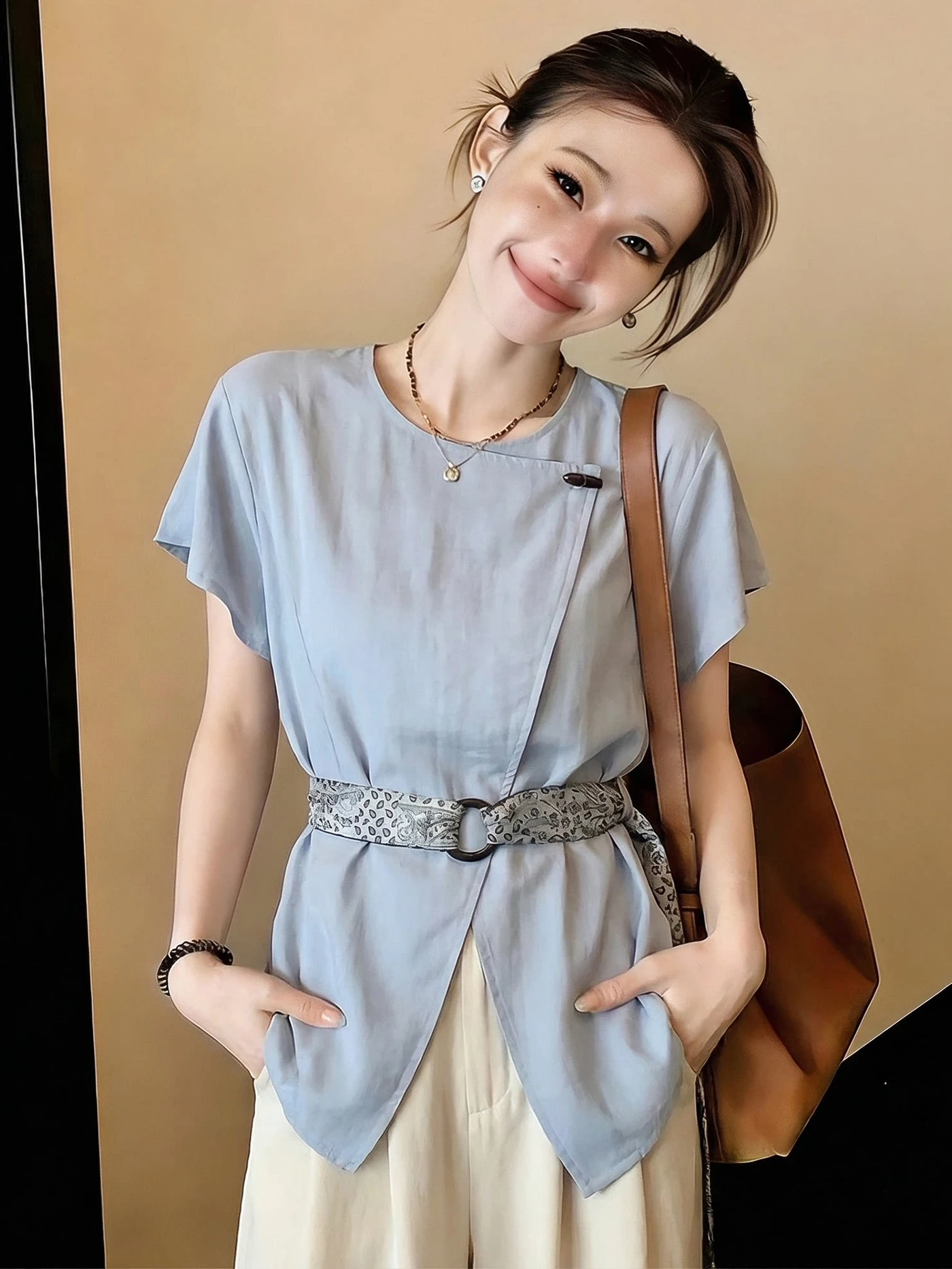 

Женская летняя модная блузка Slim Fit с коротким рукавом, светло-голубая, с завышенной талией, в корейском стиле, больших размеров, для повседневной носки