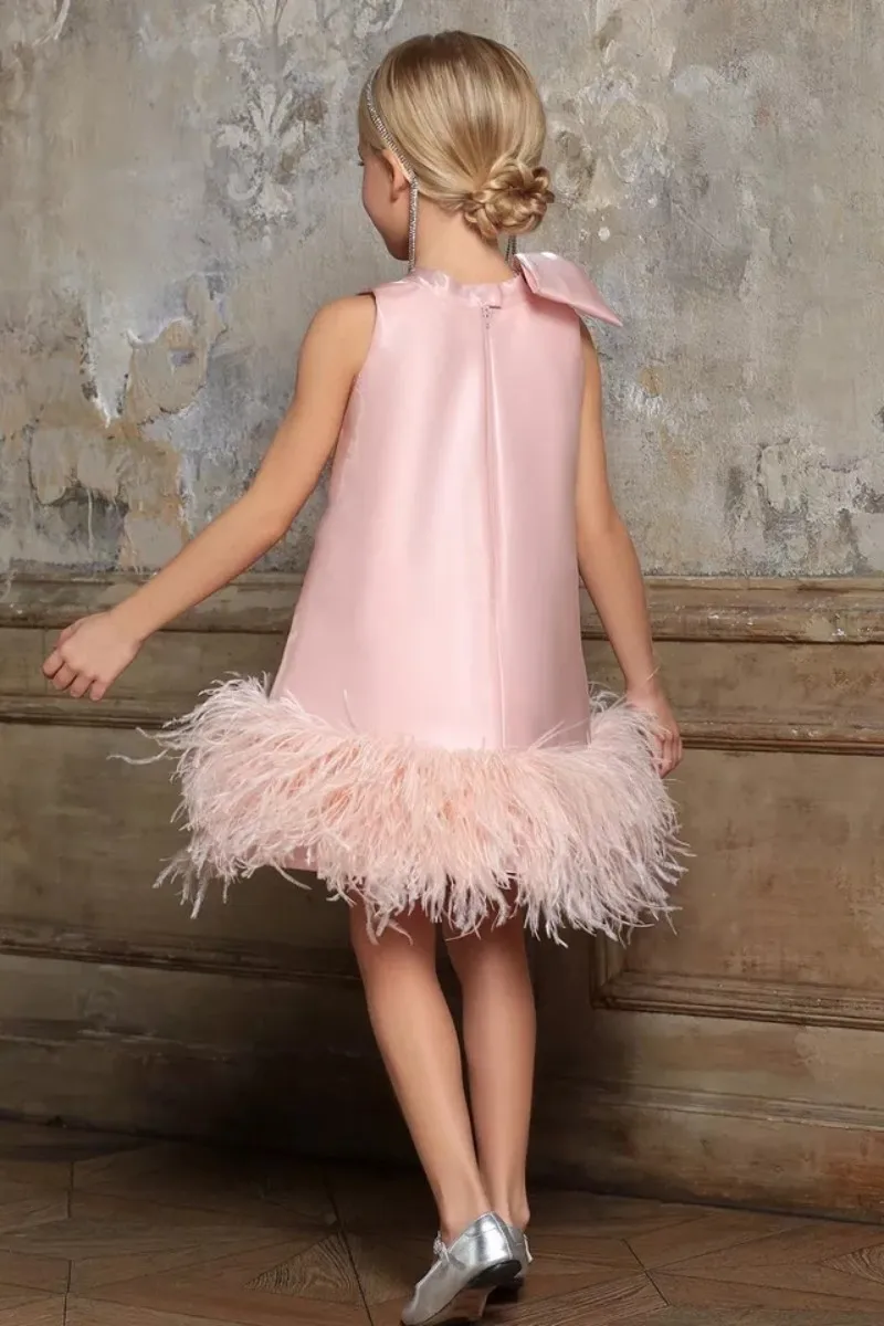 AsaNagi Pink Satin Evening Dress With Feather For Little Girl Shiny luxurious Birthday Princess Dress Wedding Vestido De Festa